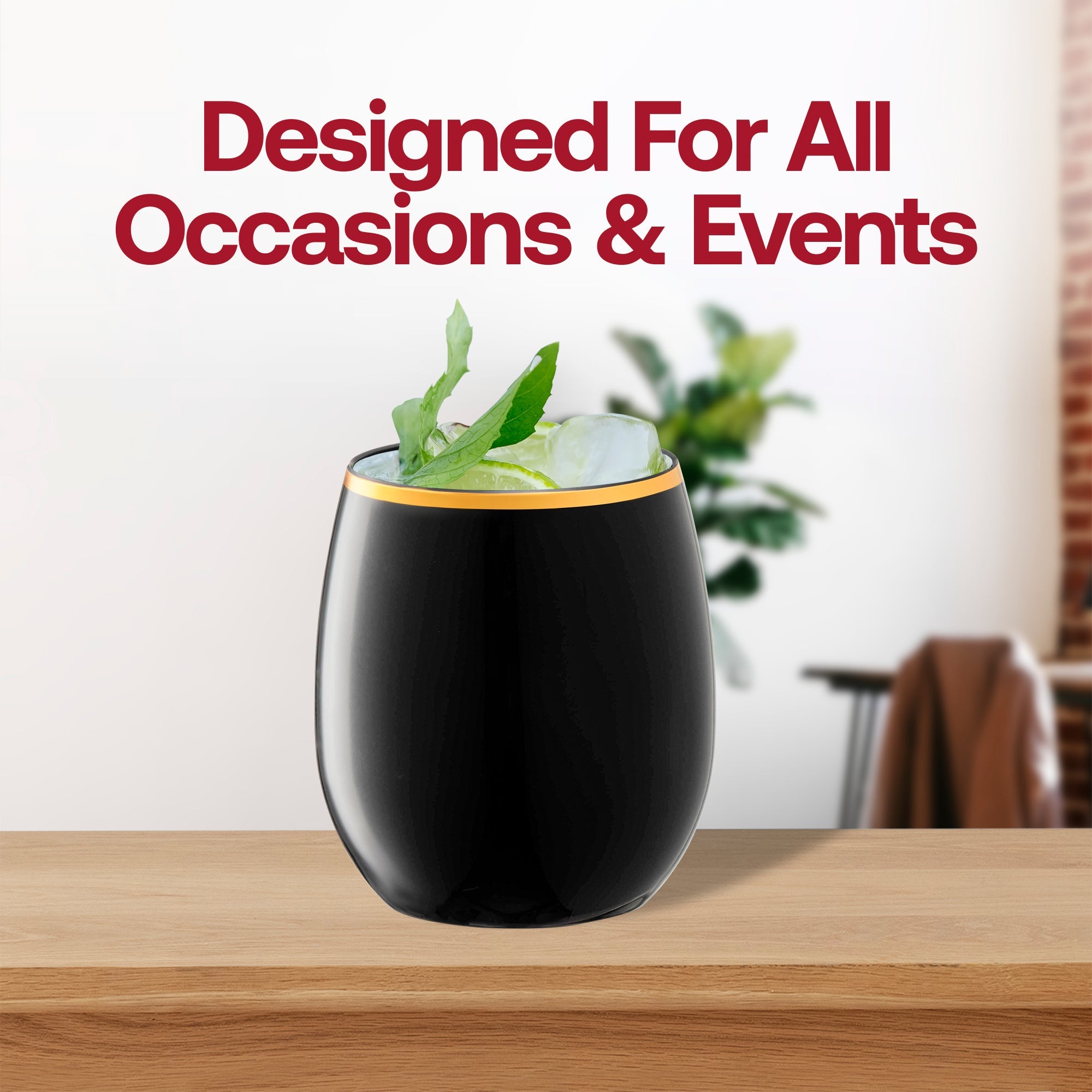 Black with Gold Elegant Stemless Plastic Wine Glasses (12 oz. )