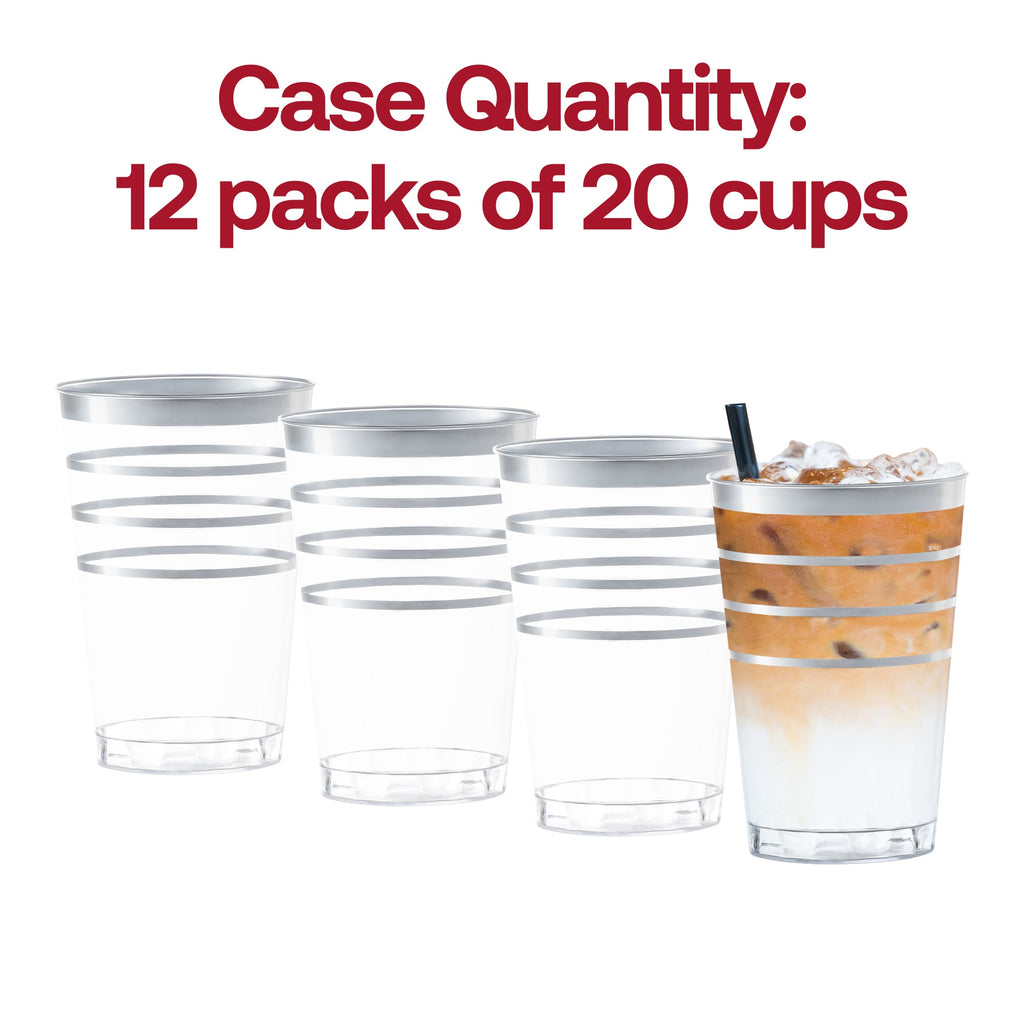 Clear with Silver Stripes Round Disposable Plastic Tumblers (12 oz. )