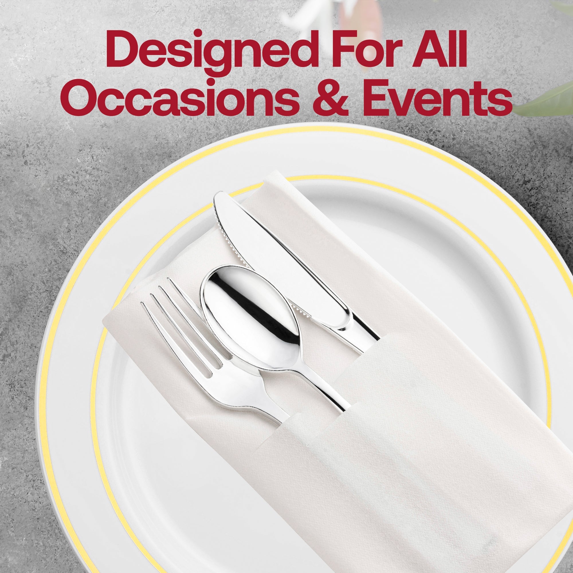 Silver Plastic Cutlery in White Pocket Napkin Set
