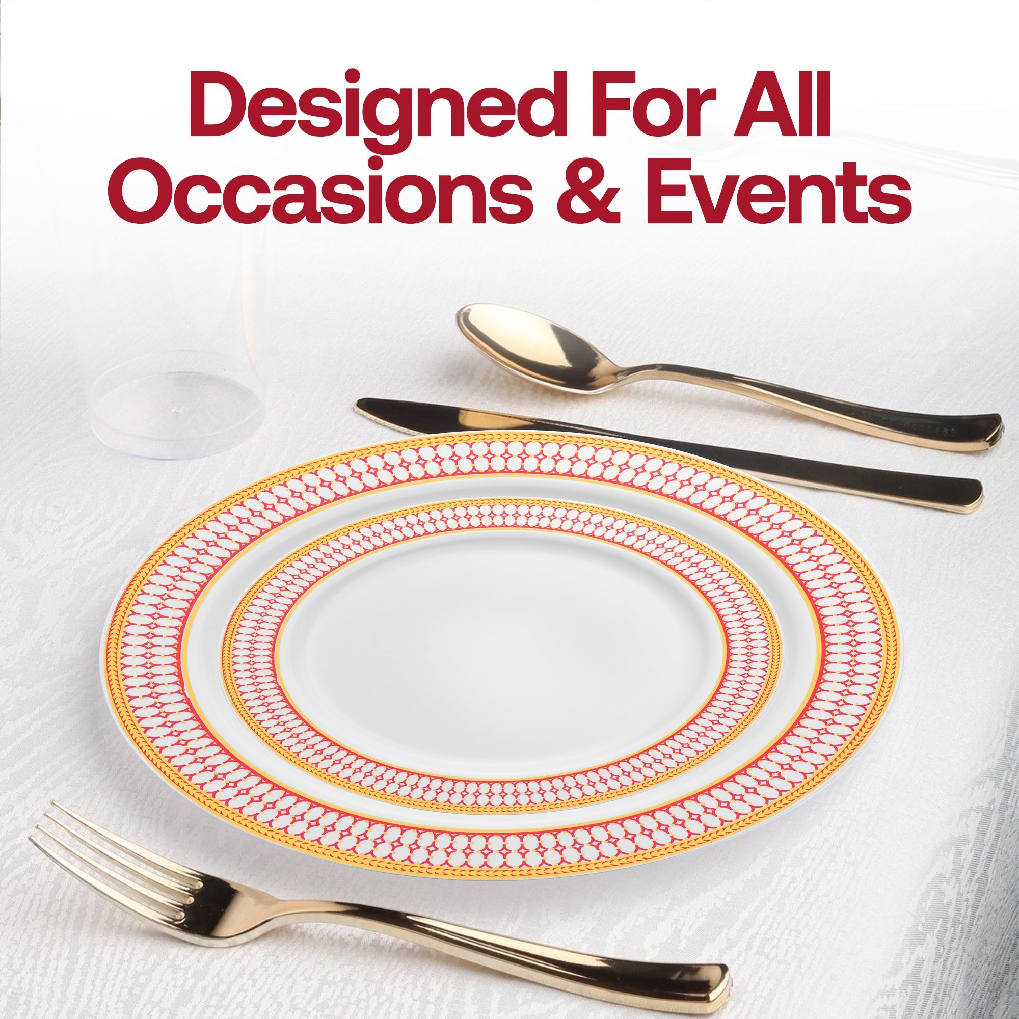 White with Red and Gold Chord Rim Plastic Dinner Plates (10.25")