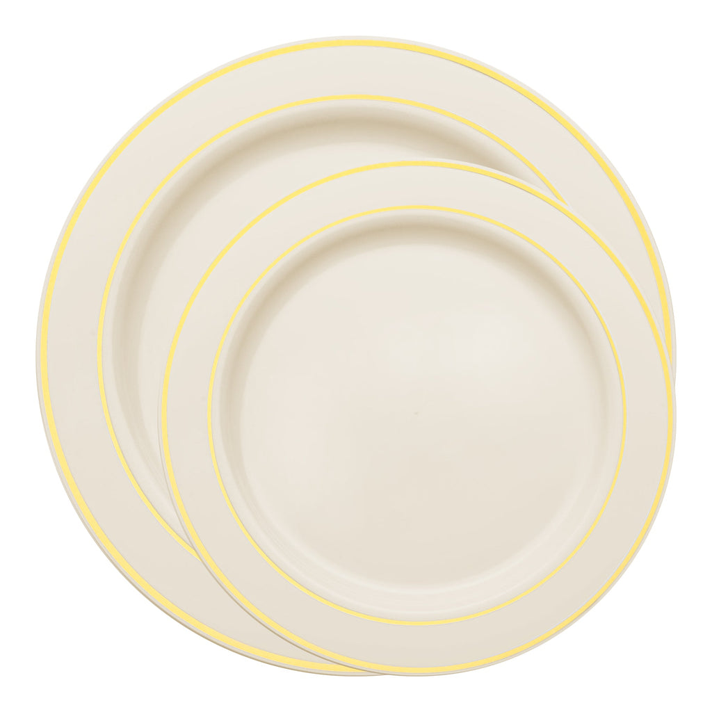 Ivory with Gold Edge Rim Plastic Plates Dinnerware Value Set