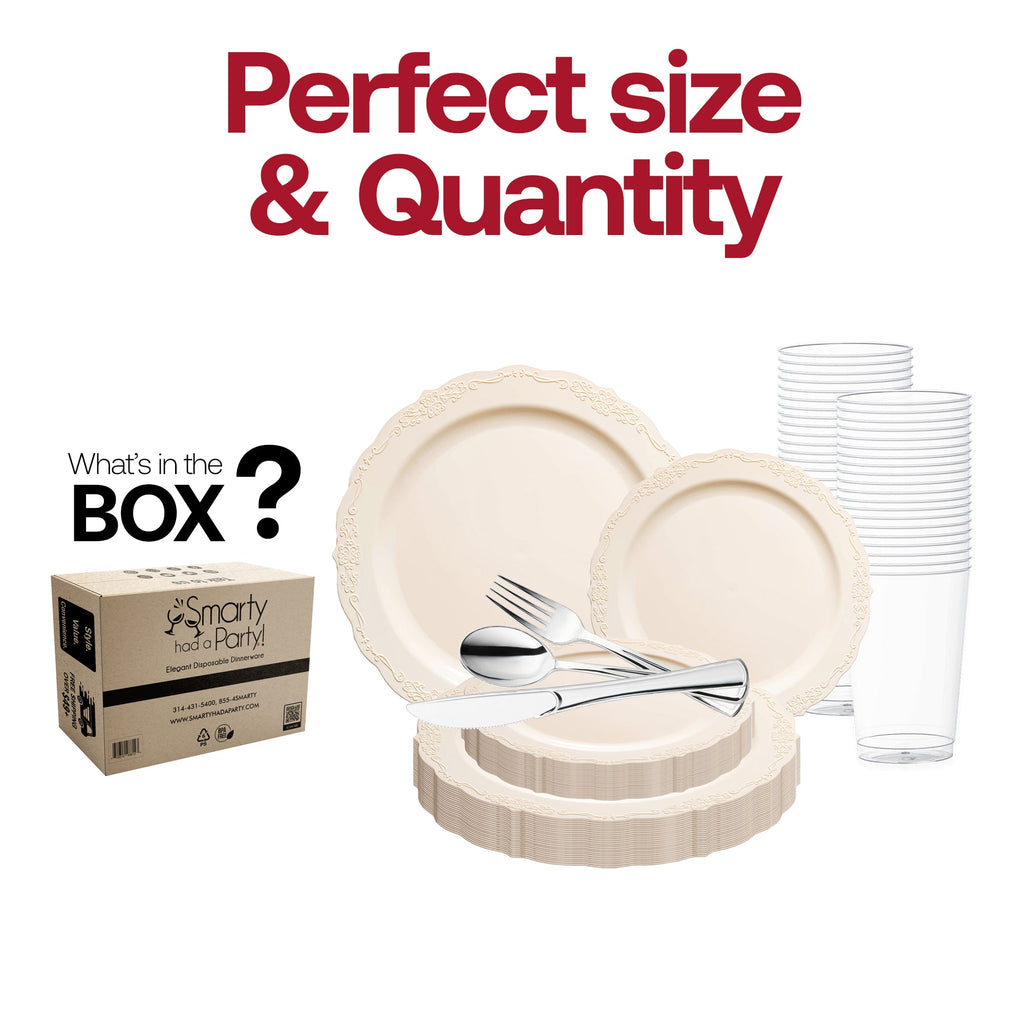 Ivory Vintage Round Disposable Plastic Wedding Value Set