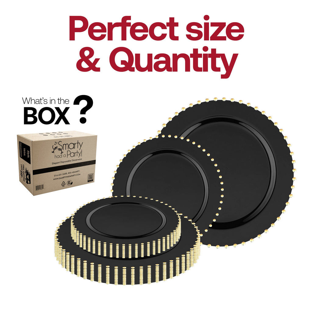 Black with Gold Pearl String Round Disposable Plastic Dinnerware Value Set