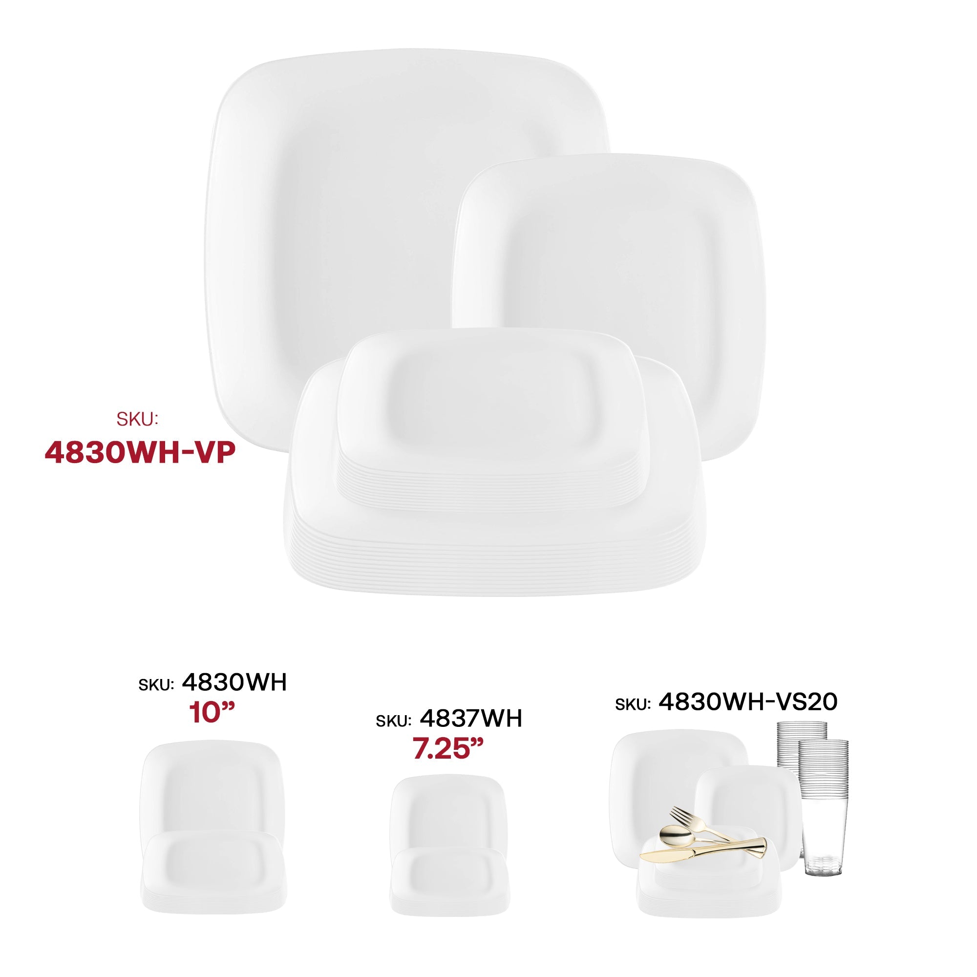 Solid White Flat Rounded Square Disposable Plastic Dinnerware Value Set