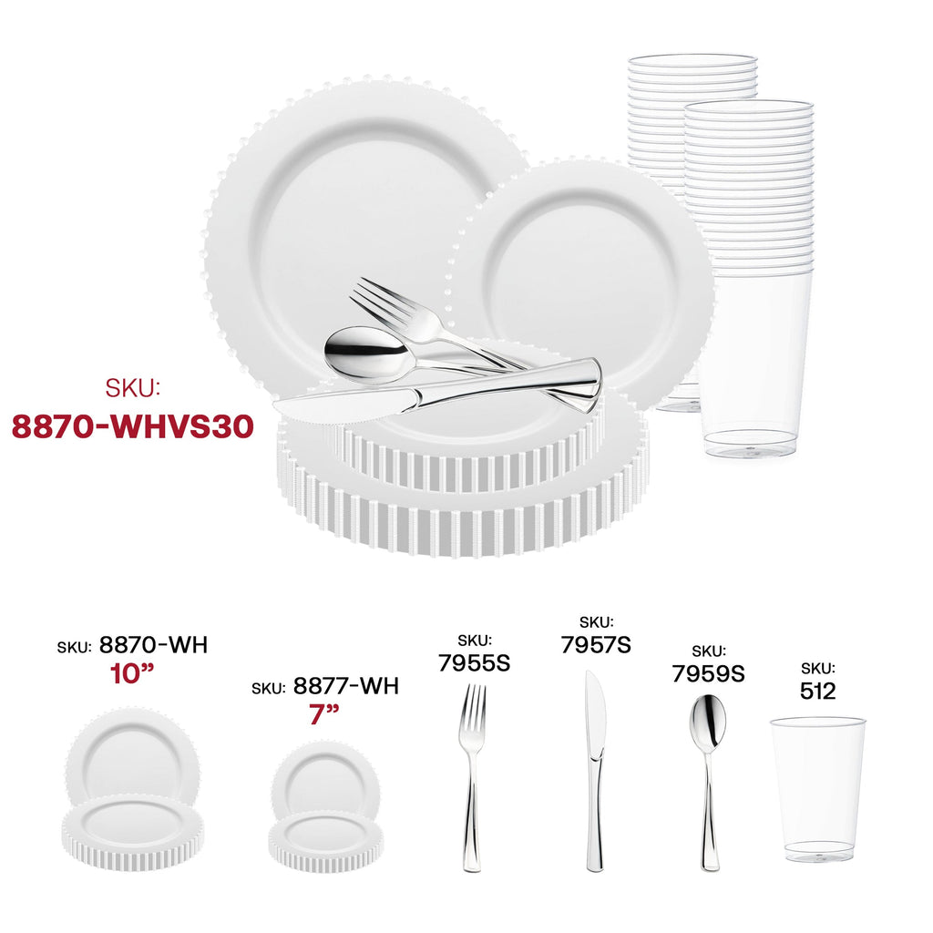 White Pearl String Round Disposable Plastic Wedding Value Set
