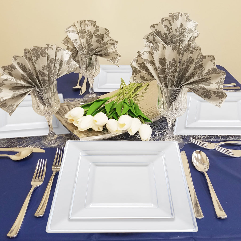 White with Silver Square Edge Rim Plastic Dinner Plates (9.5")