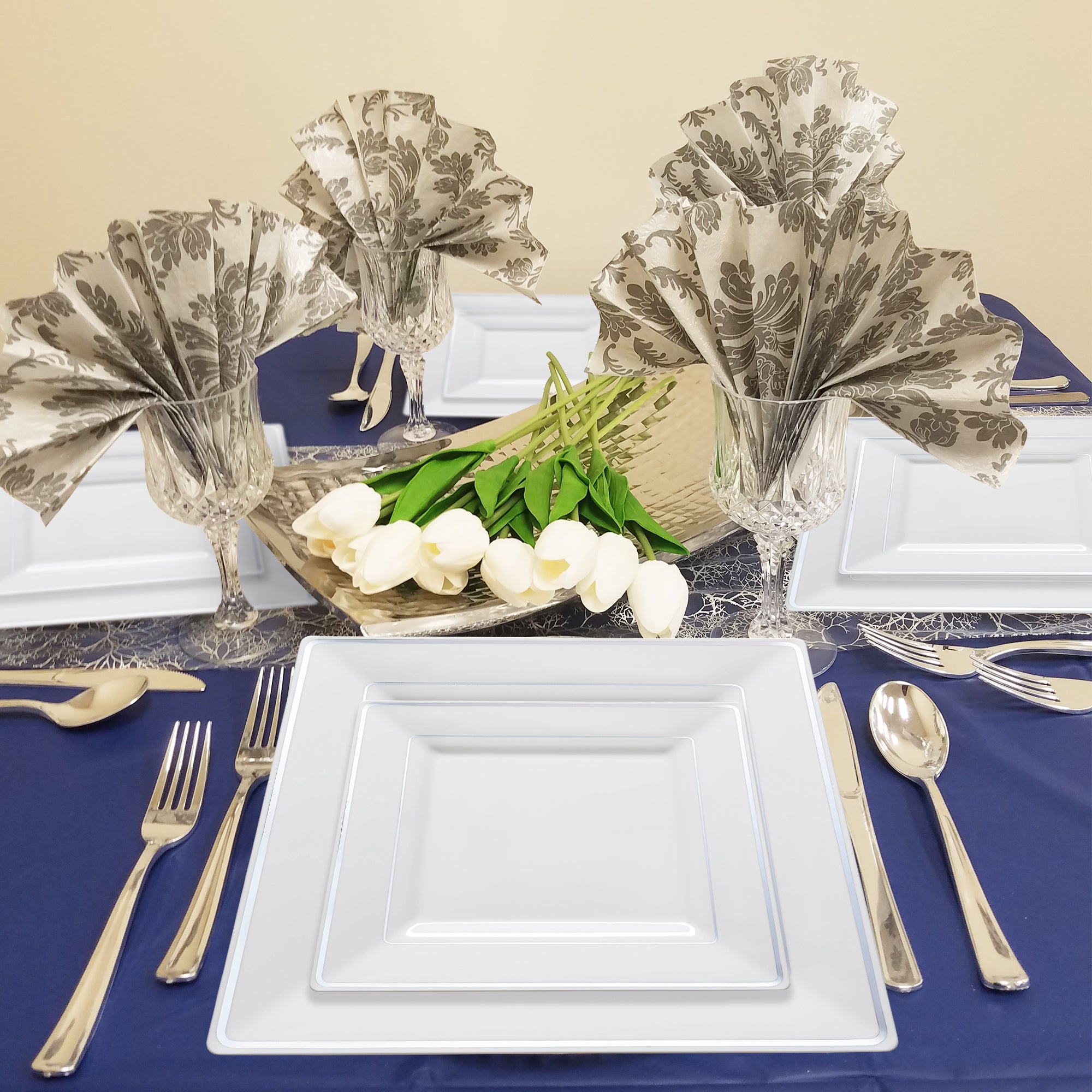 White with Silver Square Edge Rim Plastic Dinner Plates (9.5")