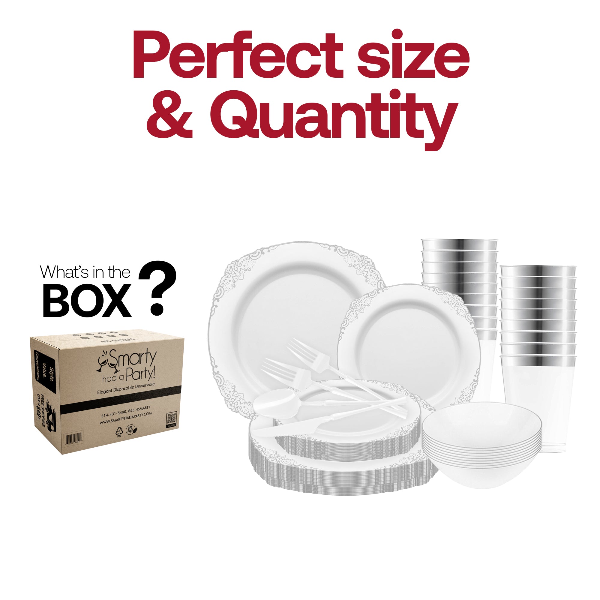 White with Silver Fancy Round Disposable Plastic Tableware Set