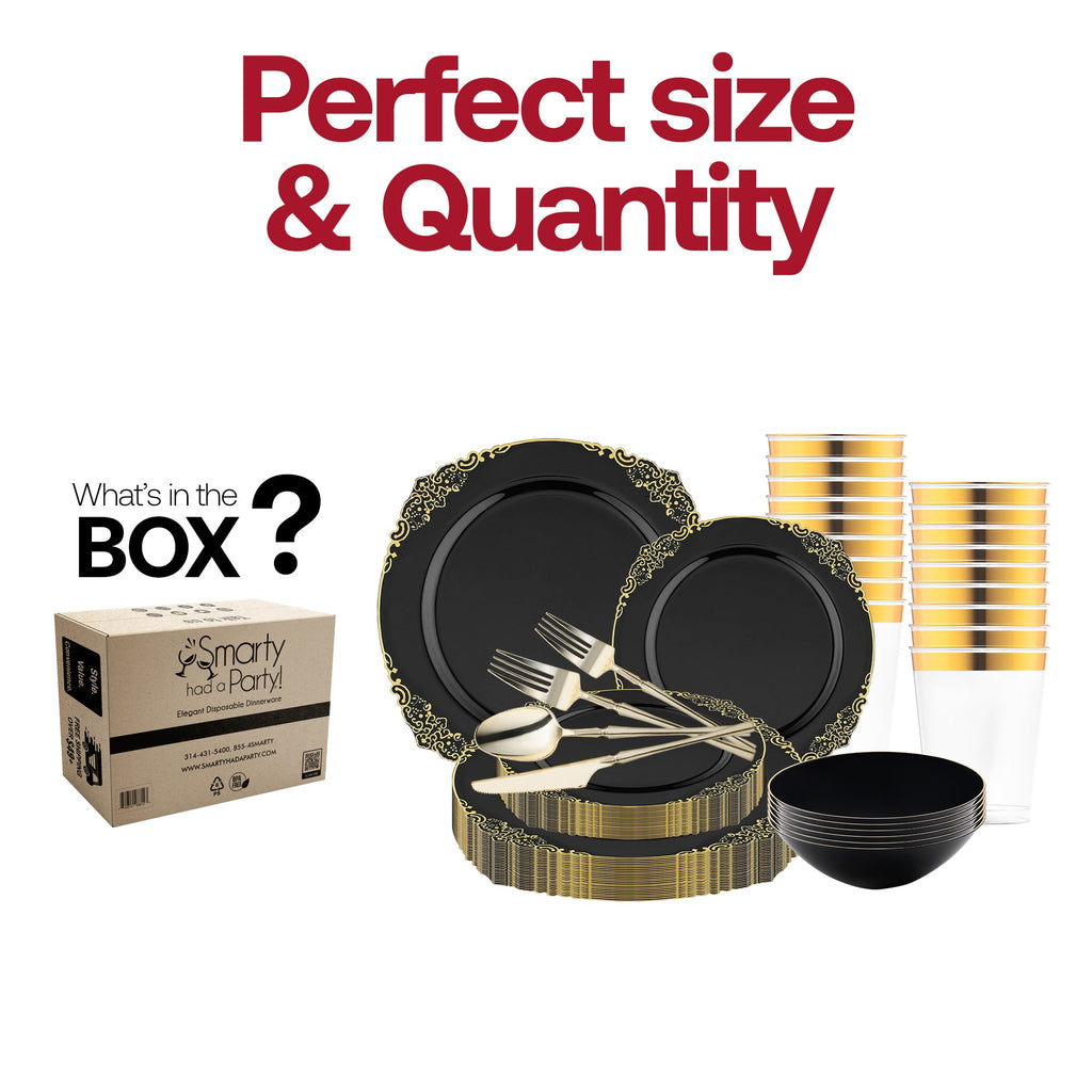 Black with Gold Fancy Round Disposable Plastic Tableware Set