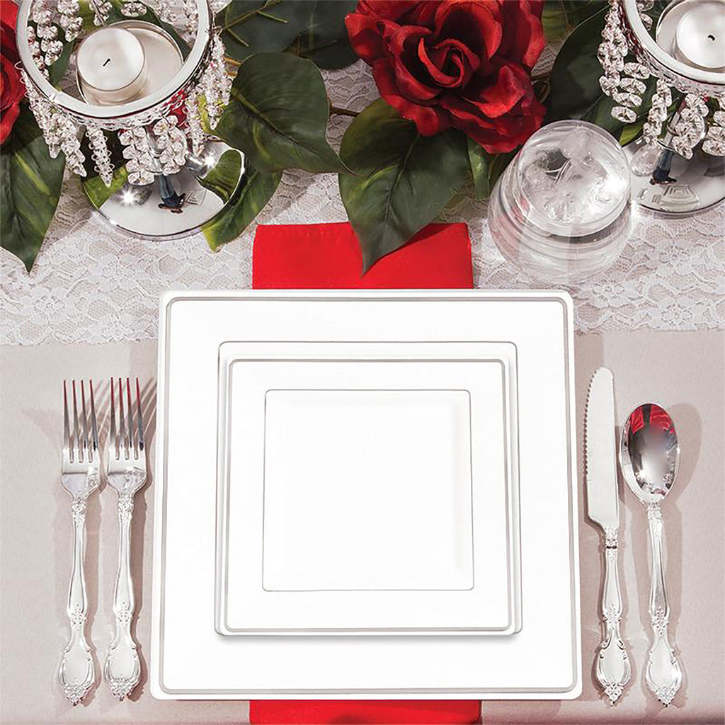White with Silver Square Edge Rim Plastic Dinner Plates (9.5")
