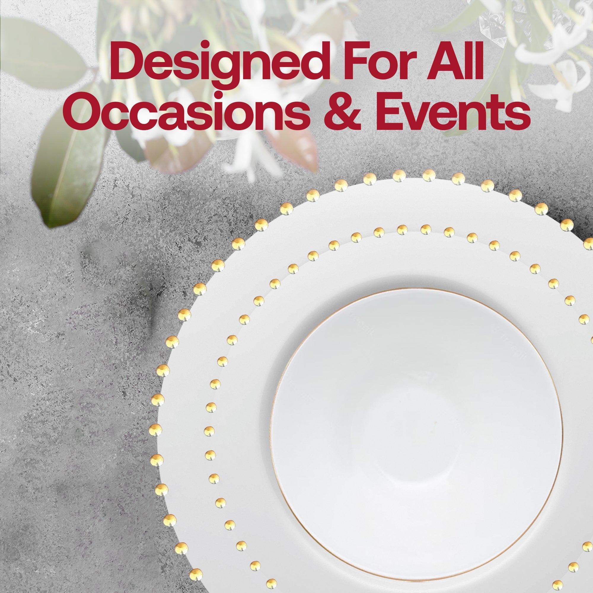 White with Gold Pearl String Round Disposable Plastic Tableware Set