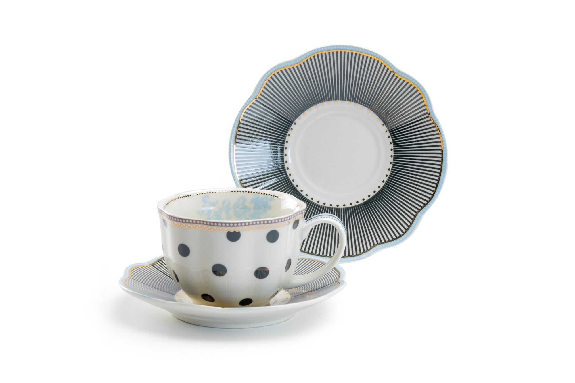 Dark Gray Stripes and Dots with Blue Toile Fine Porcelain Cup and Saucer Set of 2