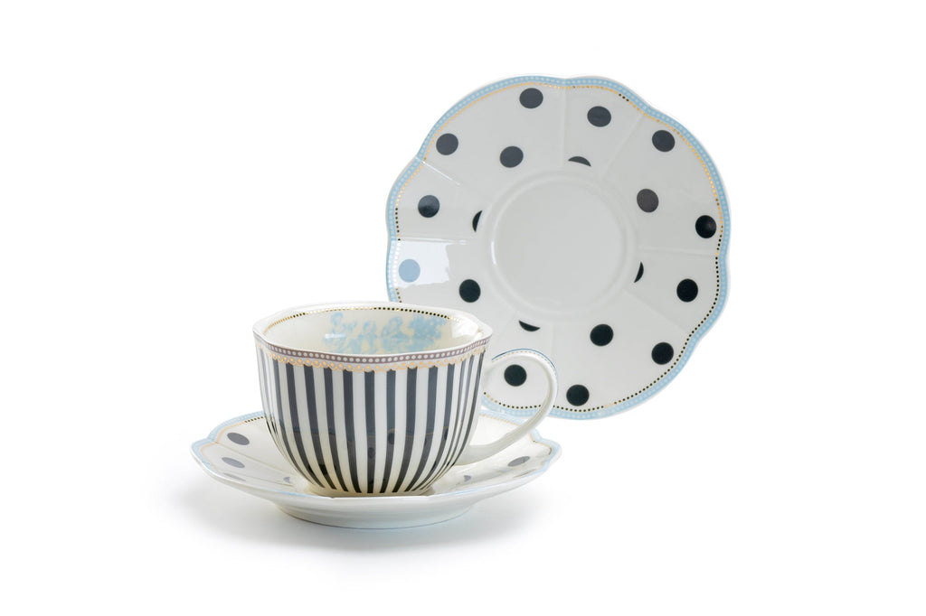 Dark Gray Stripes and Dots with Blue Toile Fine Porcelain Cup and Saucer Set of 2