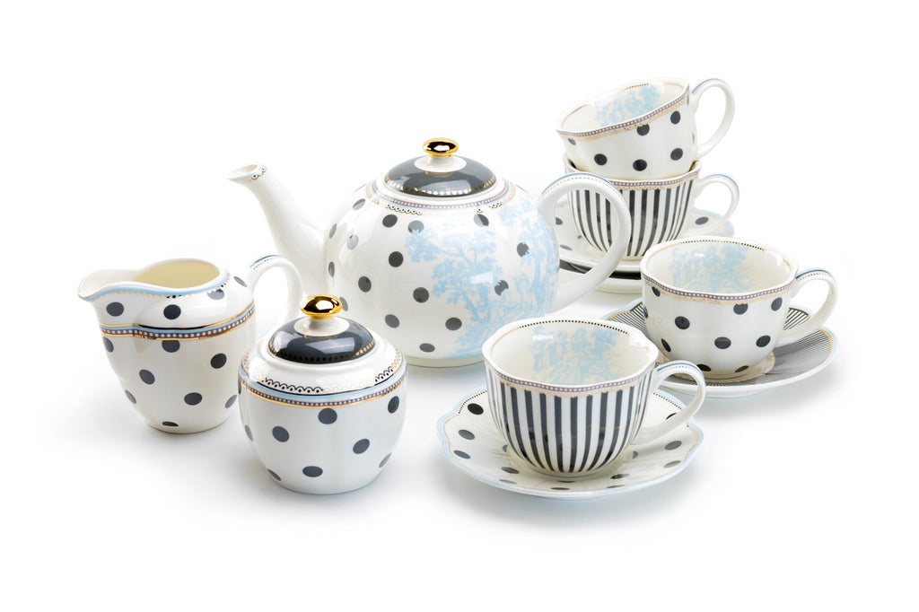 Dark Gray Stripes and Dots with Blue Toile Fine Porcelain Tea Set