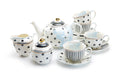 Dark Gray Stripes and Dots with Blue Toile Fine Porcelain Tea Set