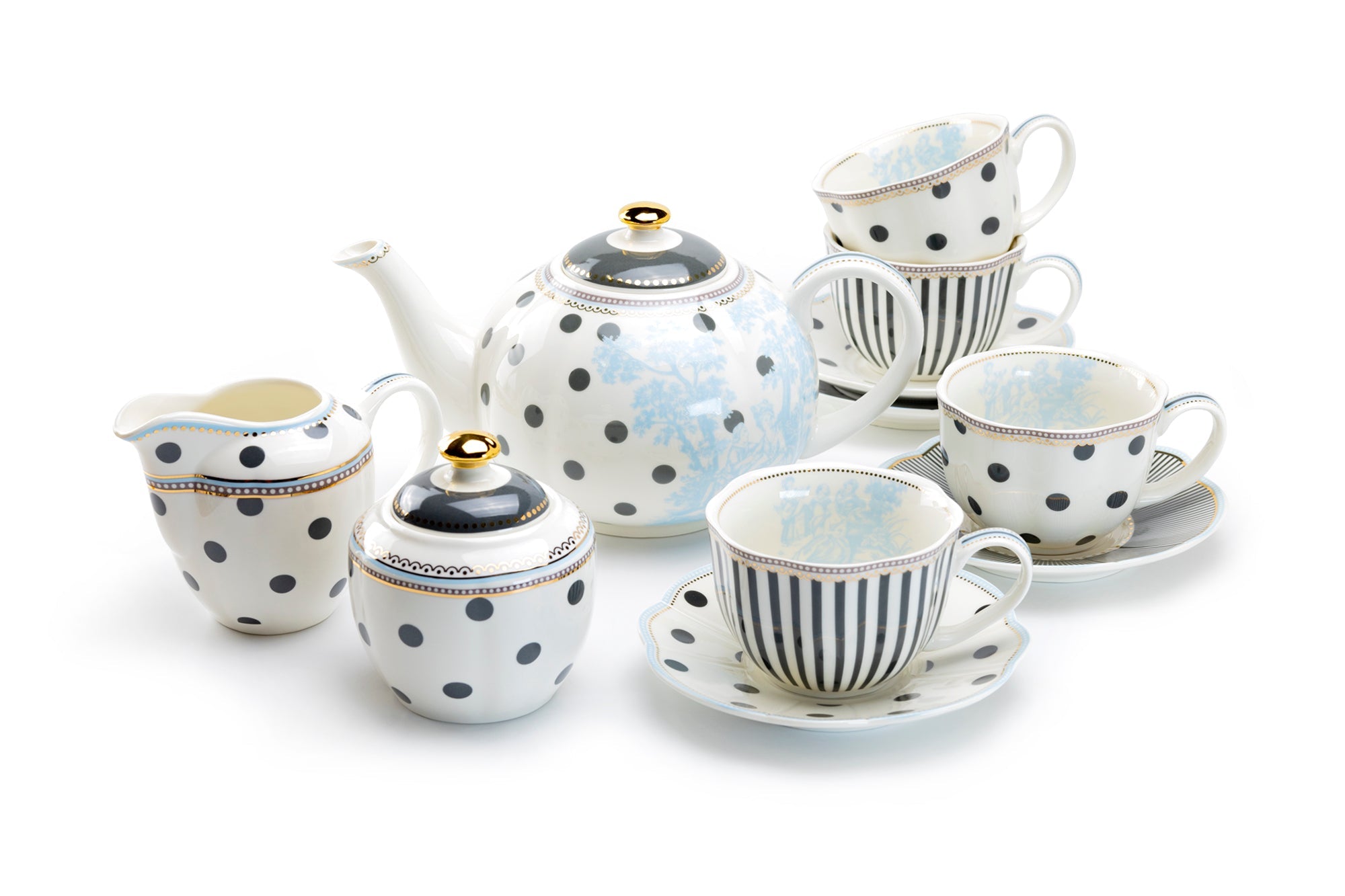Dark Gray Stripes and Dots with Blue Toile Fine Porcelain Tea Set