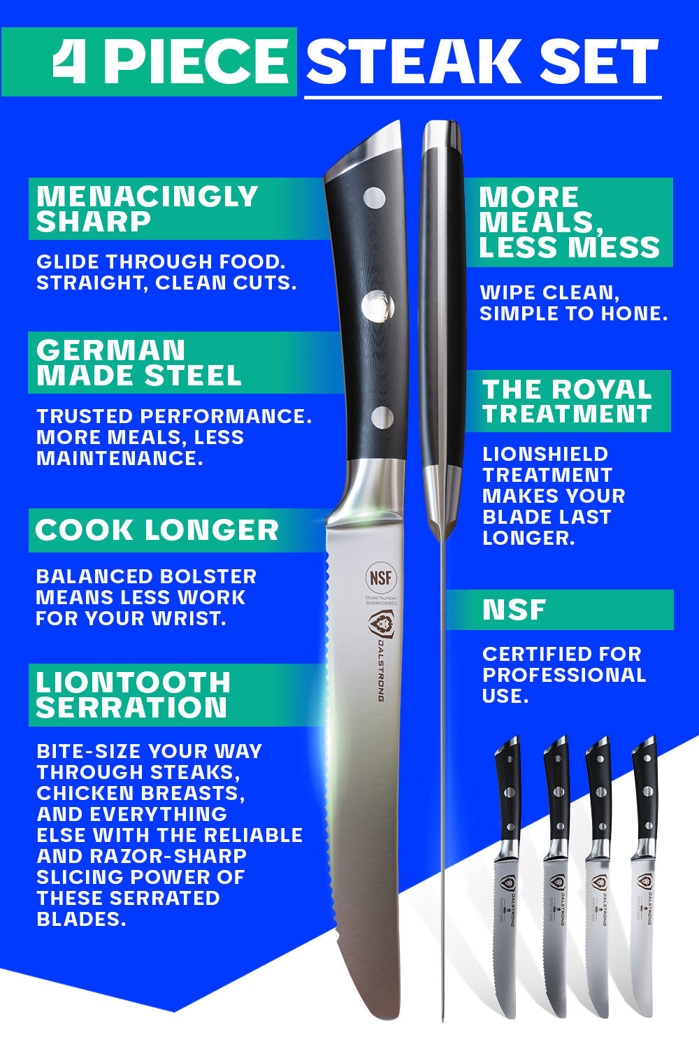 4-Piece Serrated Steak Knife Set | Gladiator Series | NSF Certified | Dalstrong ©