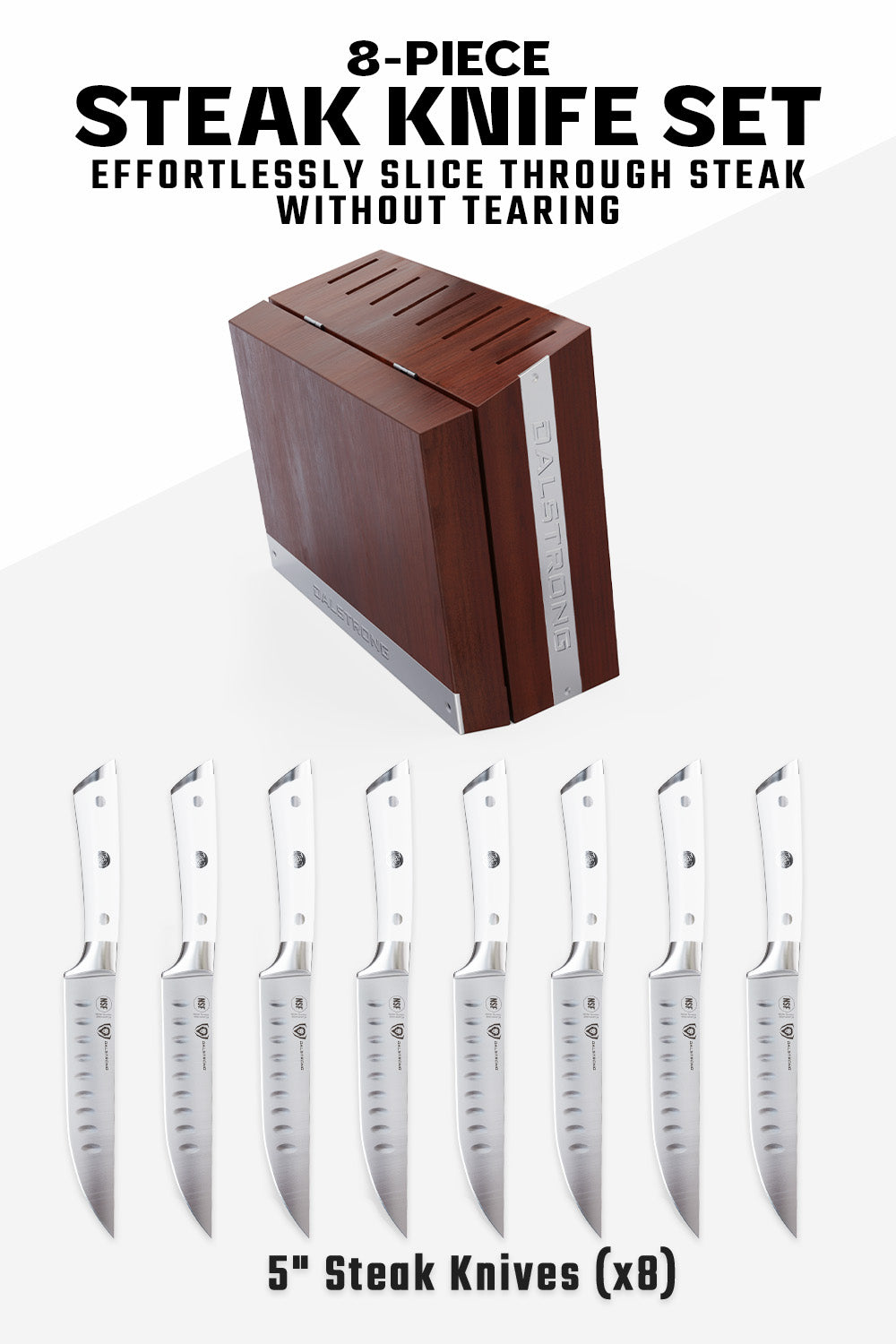 8-Piece Steak Knife Set | White ABS Handles with Storage Block | Gladiator Series | Knives NSF Certified | Dalstrong ©