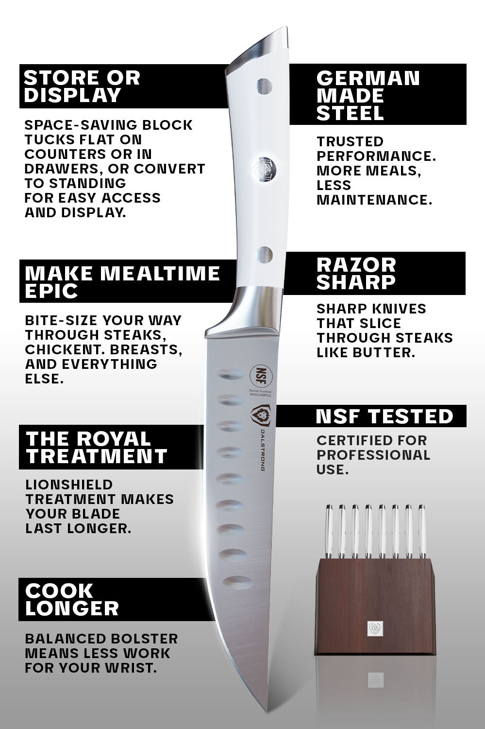 8-Piece Steak Knife Set | White ABS Handles with Storage Block | Gladiator Series | Knives NSF Certified | Dalstrong ©