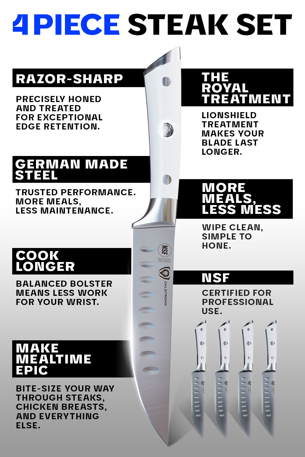4-Piece Straight-Edge Steak Knife Set | Glacial White ABS Handles | Gladiator Series | NSF Certified | Dalstrong ©
