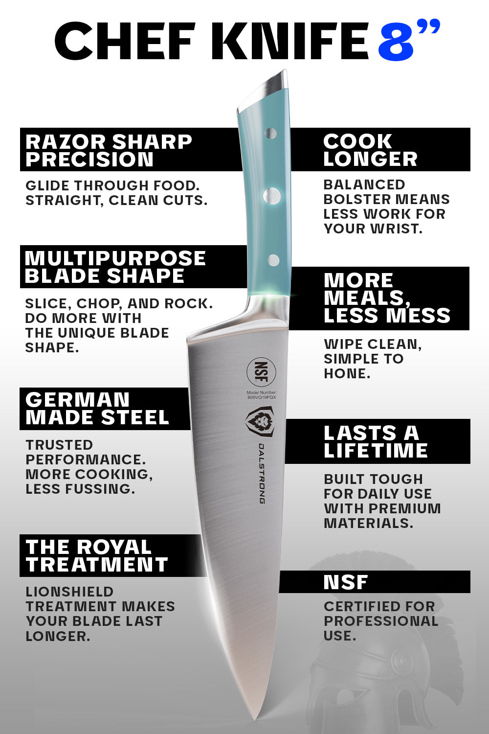 Chef Knife 8" | Aegean Teal Handle | Gladiator Series | NSF Certified | Dalstrong ©