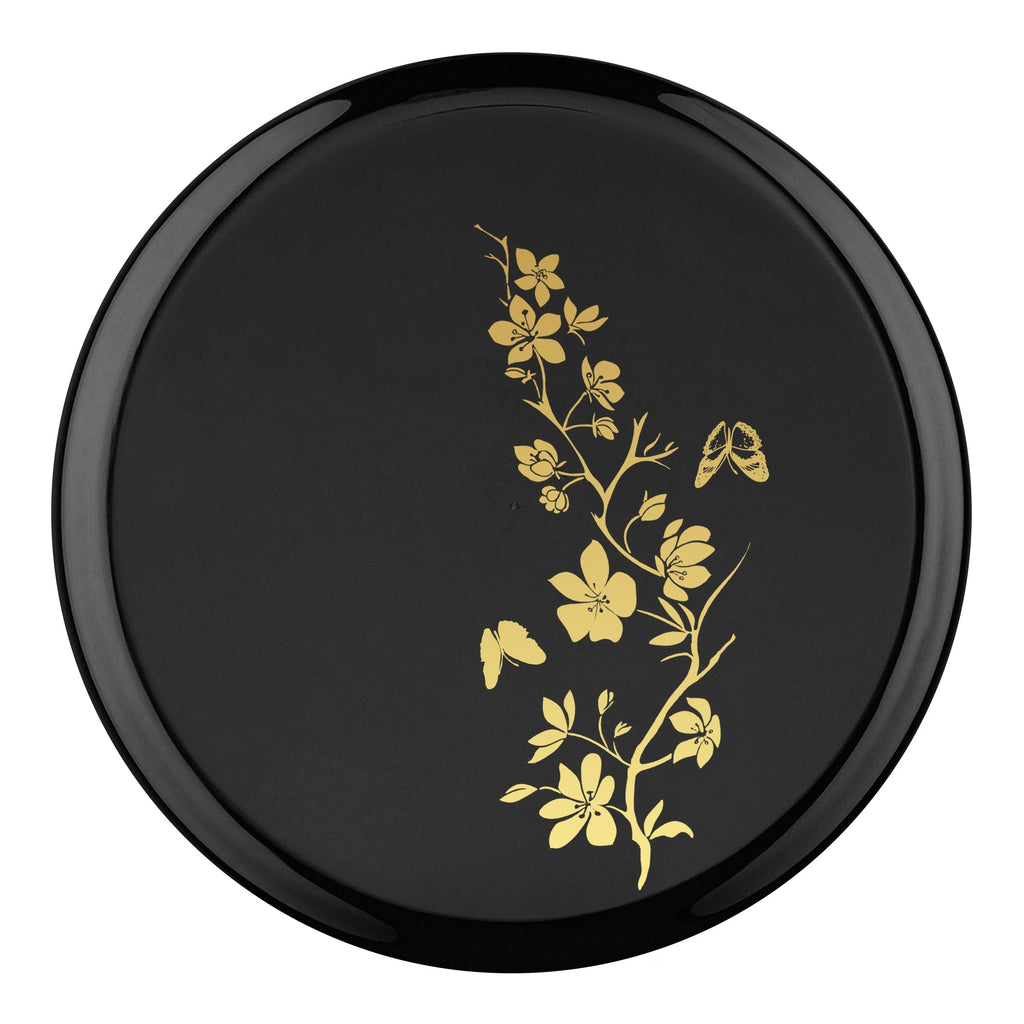 Black with Gold Floral Round Plastic Pastry Plates (6.25")