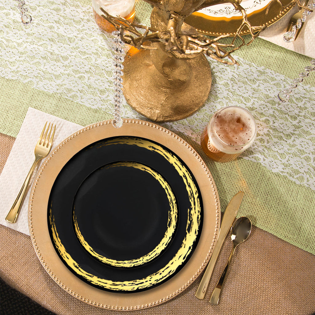 Black with Gold Moonlight Round Disposable Plastic Dinner Plates (10.25")