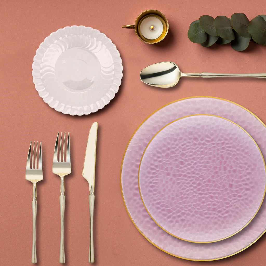Clear Pink with Gold Rim Hammered Glass Disposable Plastic Tableware Set