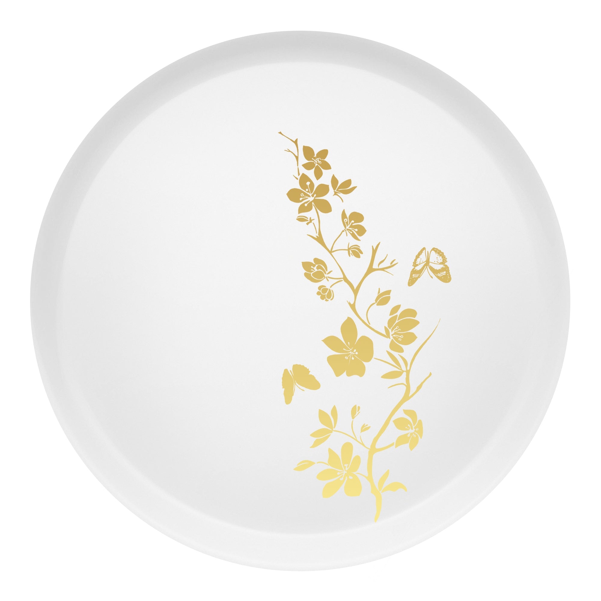 White with Gold Floral Round Plastic Dinner Plates (10")