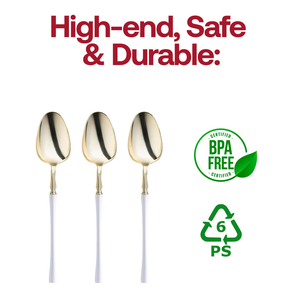 Gold with White Handle Moderno Disposable Plastic Dinner Spoons