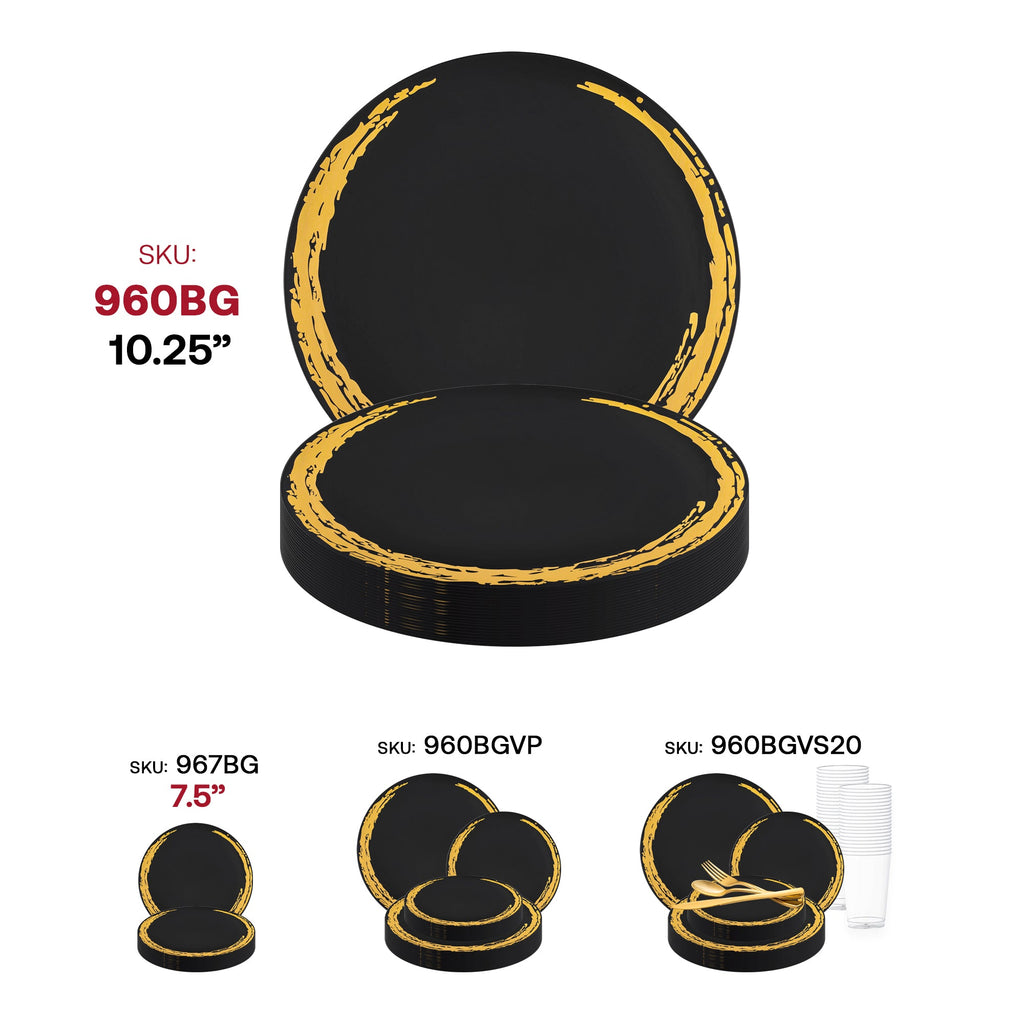 Black with Gold Moonlight Round Disposable Plastic Dinner Plates (10.25")