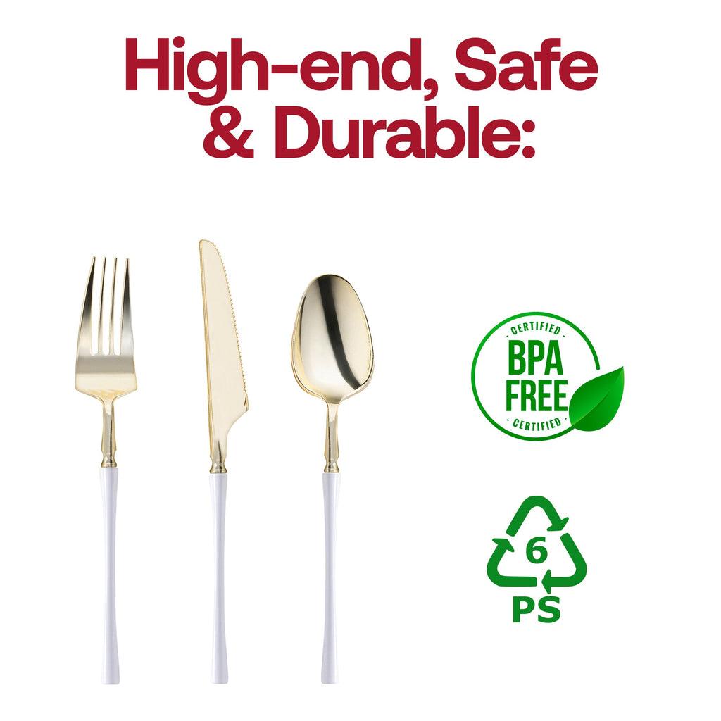Gold with White Handle Moderno Disposable Plastic Cutlery Set - 20 Spoons, 20 Forks and 20 Knives