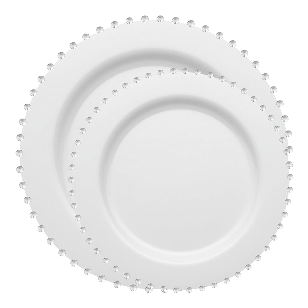 White with Silver Pearl String Round Disposable Plastic Dinnerware Value Set
