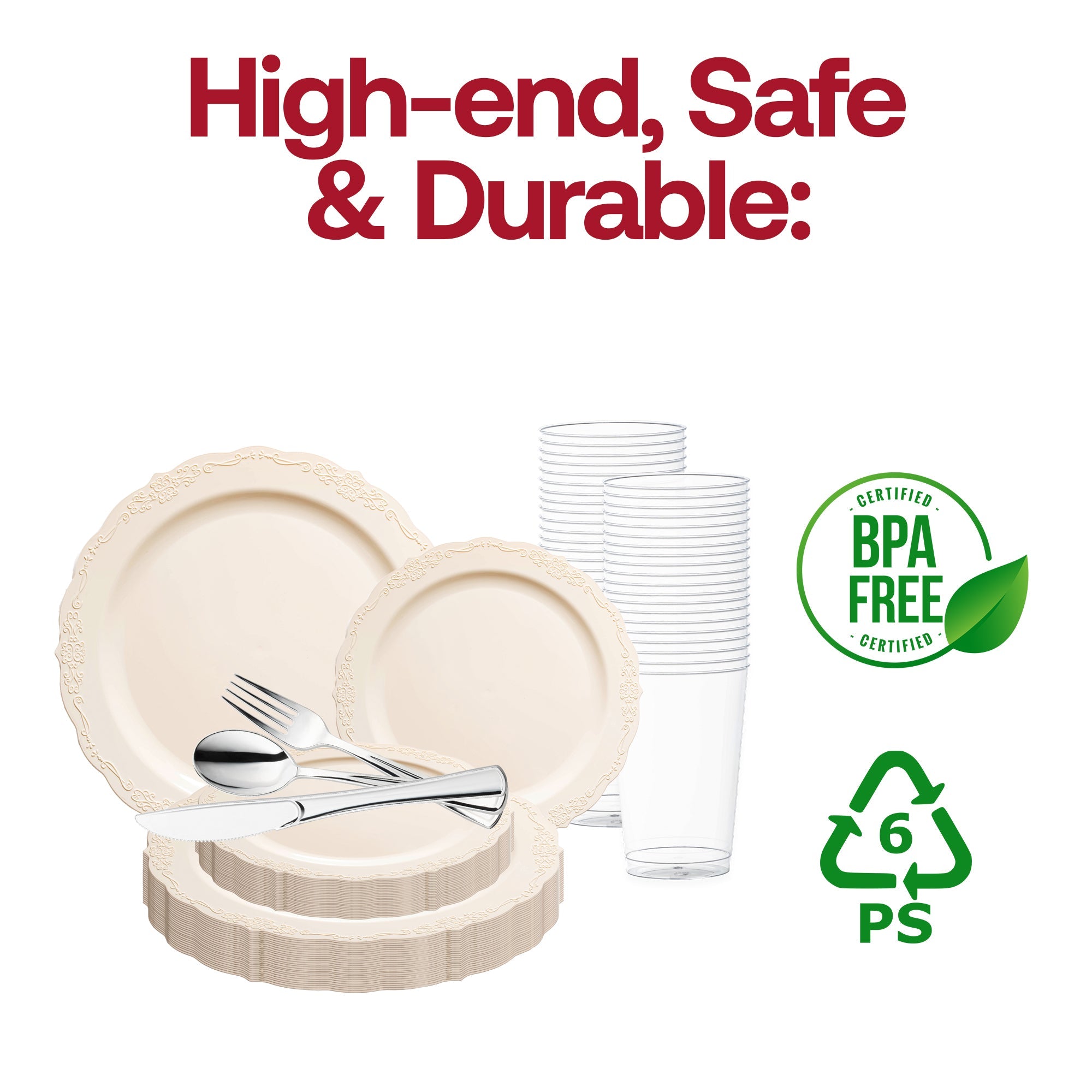 Ivory Vintage Round Disposable Plastic Wedding Value Set