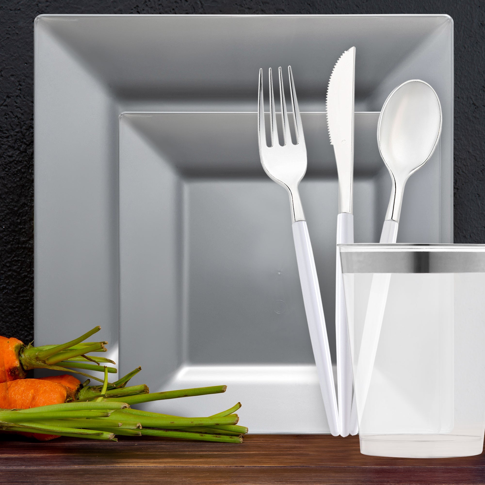 Silver Square Disposable Plastic Tableware Set