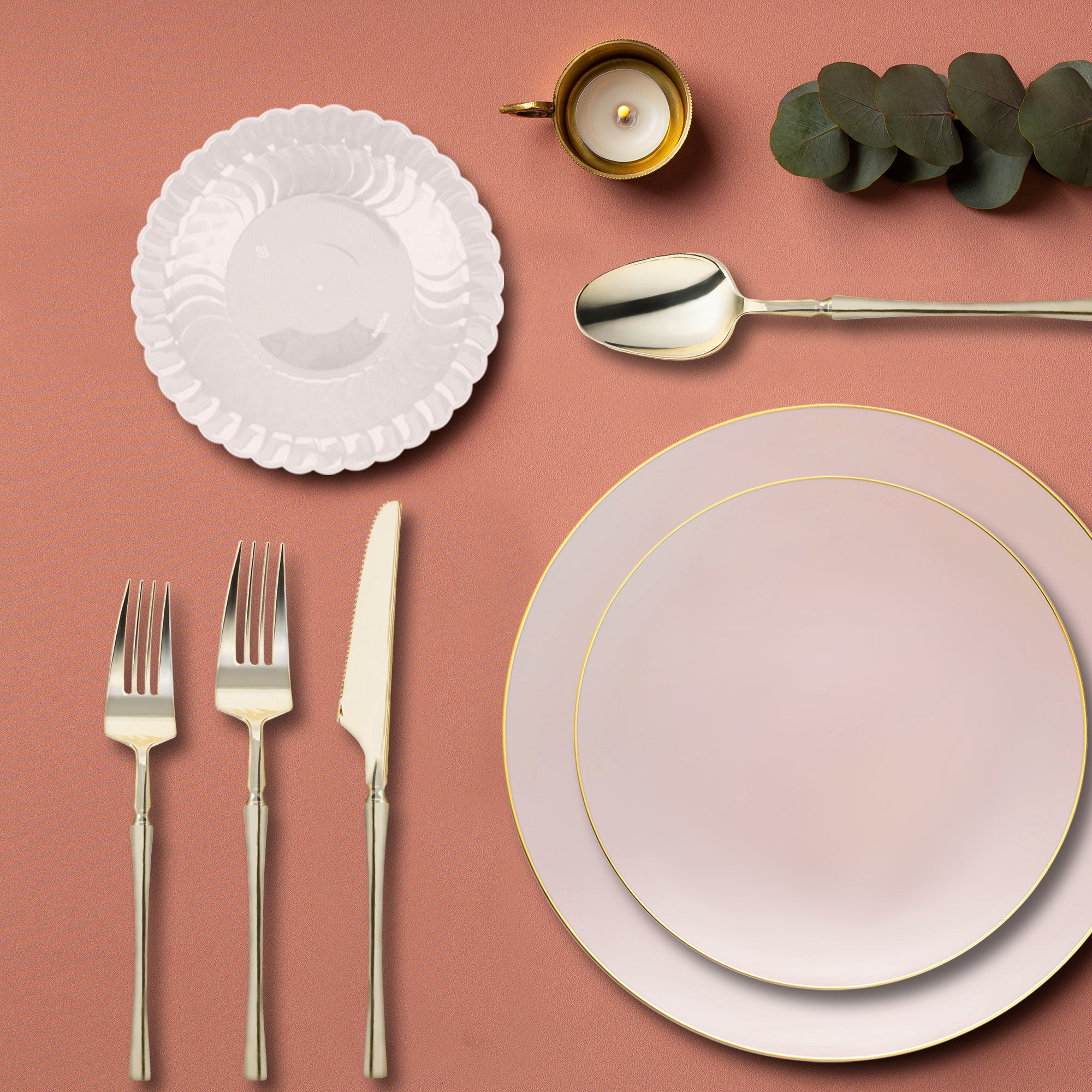 Pink with Gold Organic Disposable Plastic Tableware Set