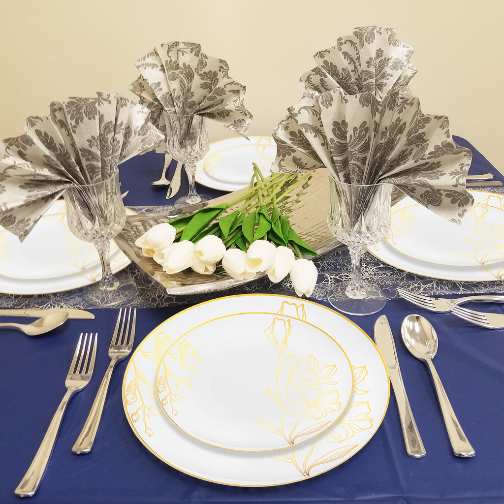 White with Gold Antique Floral Round Disposable Plastic Dinner Plates (10.25")