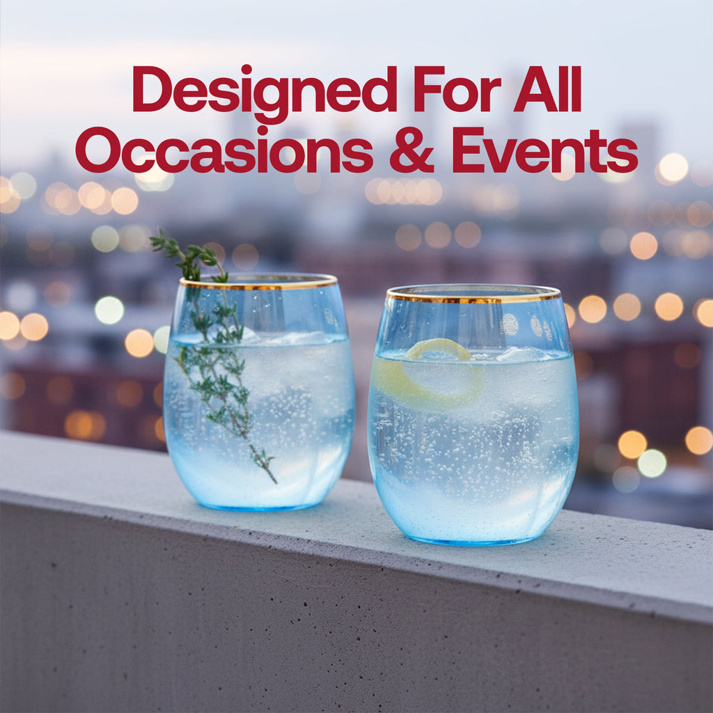 Clear Blue with Gold Elegant Stemless Plastic Wine Glasses (12 oz.)