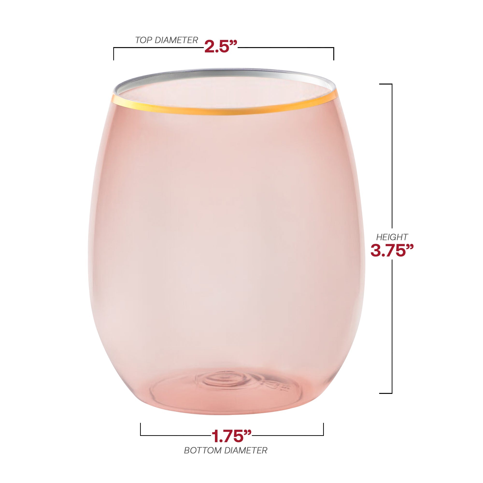 Clear Pink with Gold Elegant Stemless Plastic Wine Glasses (12 oz.)