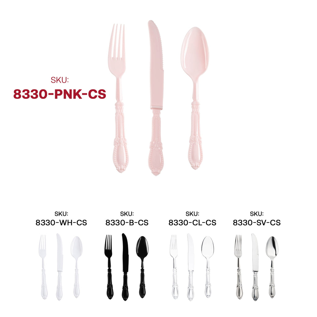 Pink Baroque Disposable Plastic Cutlery Set - 20 Spoons, 20 Forks and 20 Knives