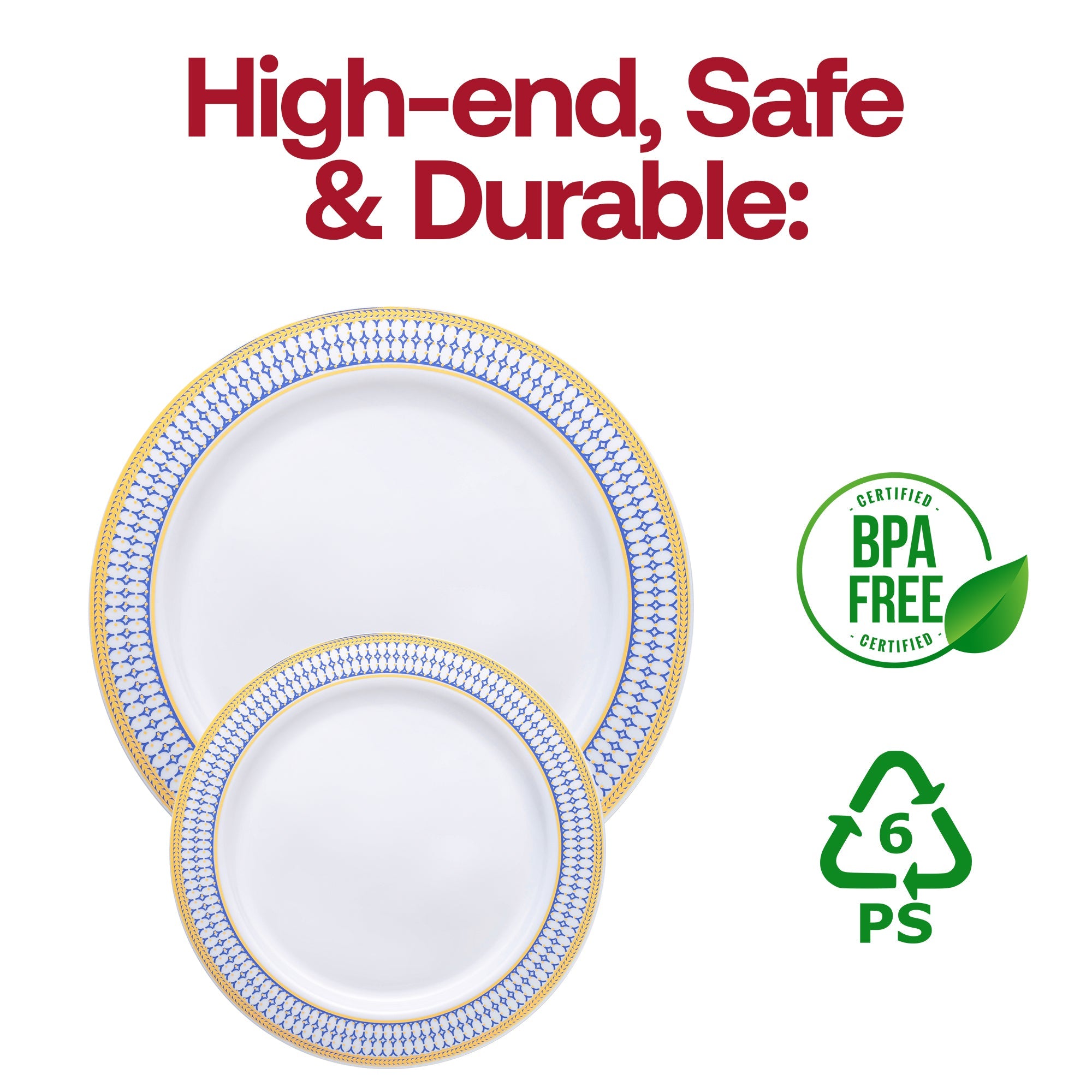 White with Blue and Gold Chord Rim Plastic Dinner Plates (10.25")