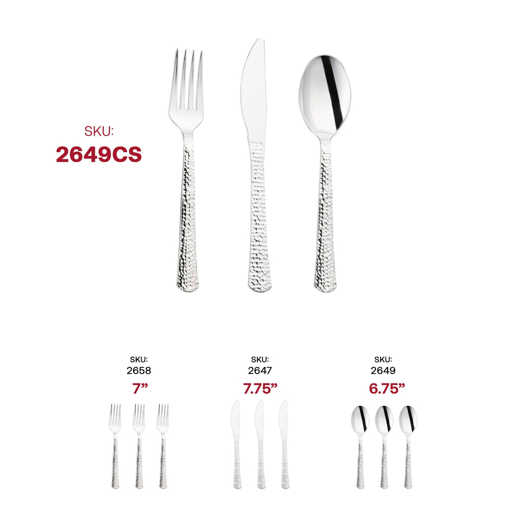 Shiny Metallic Silver Hammered Plastic Cutlery Set