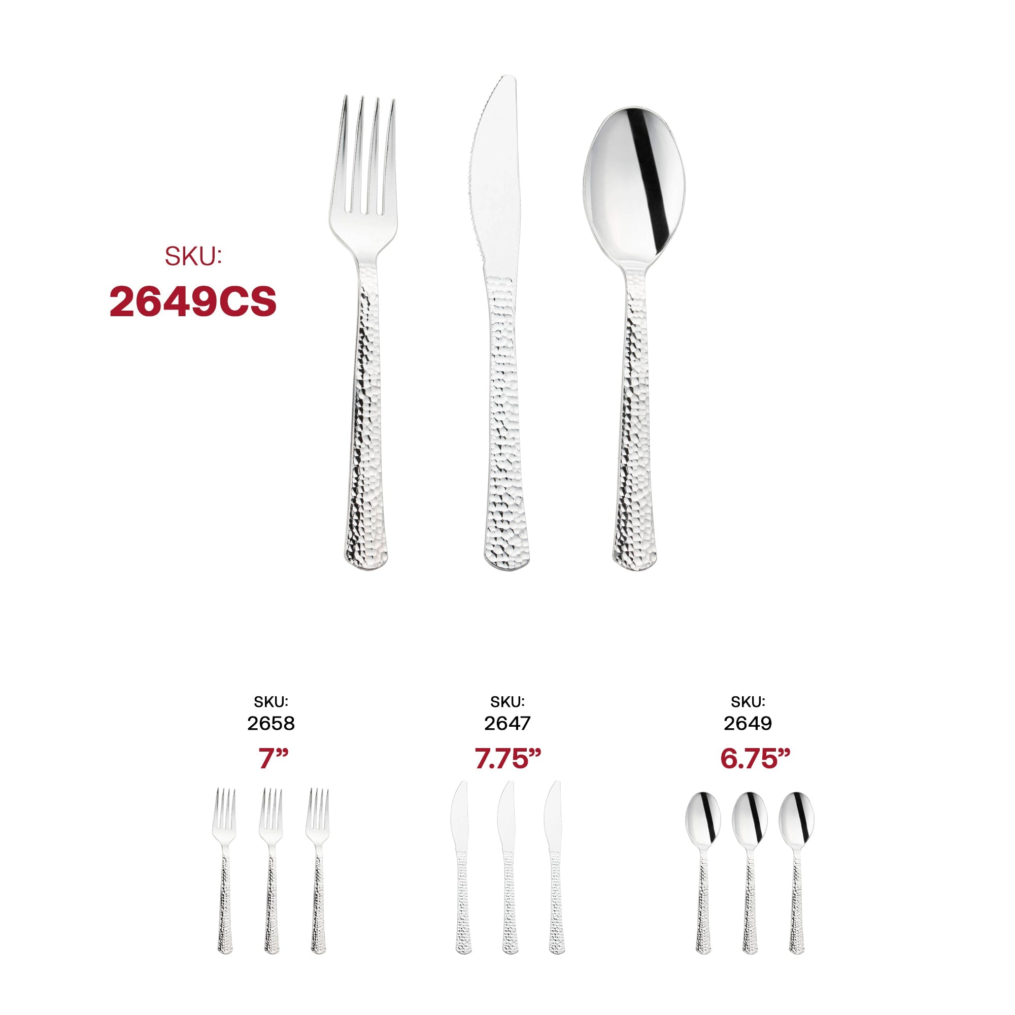 Shiny Metallic Silver Hammered Plastic Cutlery Set