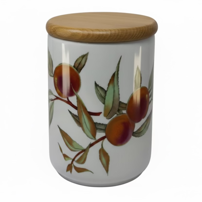 Royal Worcester Evesham Gold Storage Canister with Wooden Lid