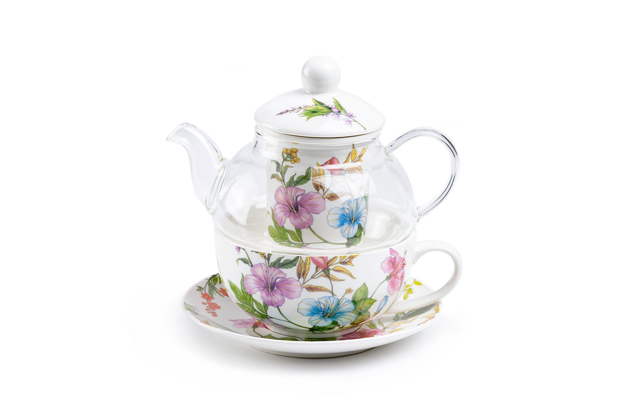 Hibiscus Harmony Glass and Fine Porcelain Tea For One Set