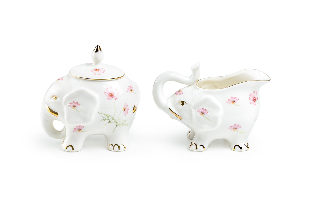 Pink Flower Elephant Fine Porcelain Sugar & Creamer Set