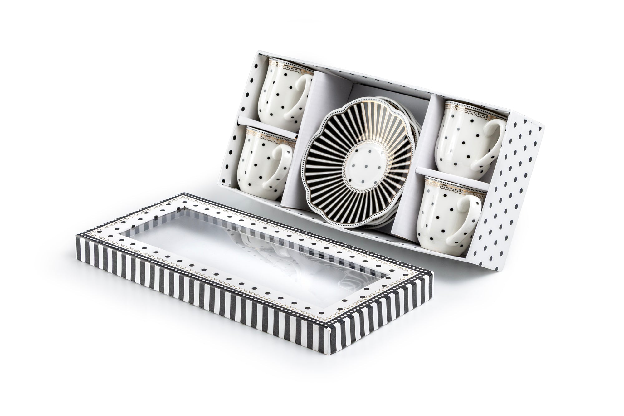 Black Josephine Stripes and Dots 2oz Demitasse Cups and Saucers with Gift Box