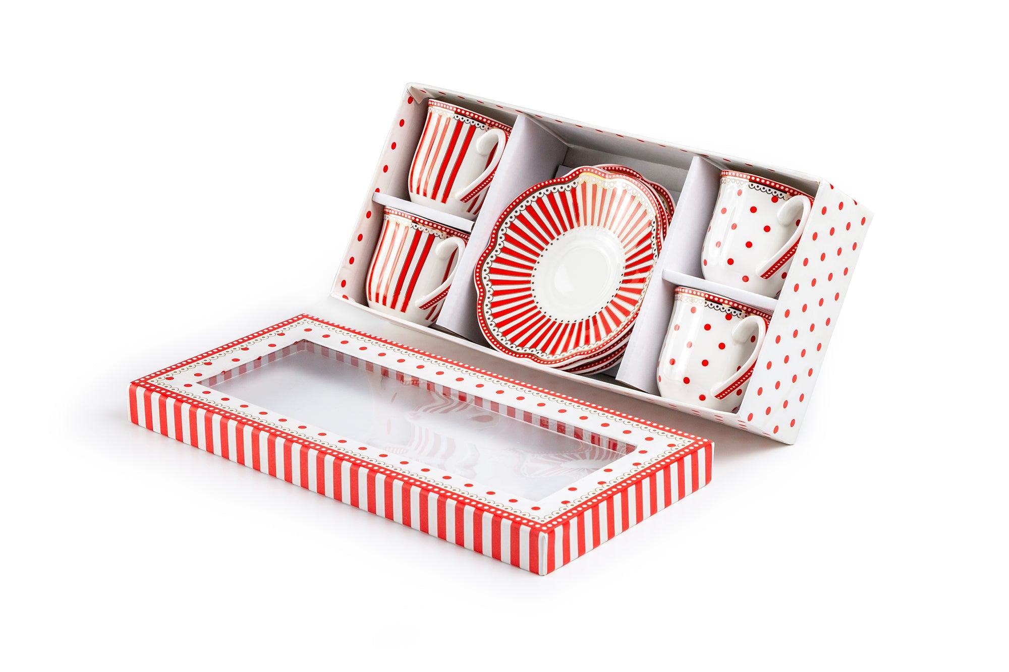 Red Josephine Stripes and Dots 2oz Demitasse Cups and Saucers with Gift Box