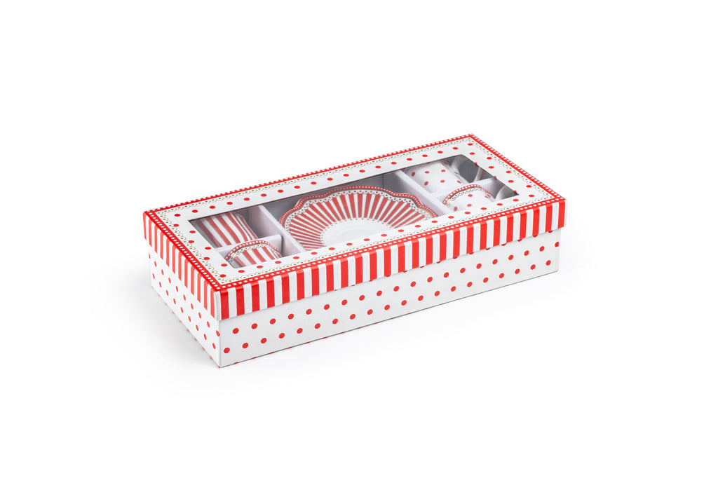 Red Josephine Stripes and Dots 2oz Demitasse Cups and Saucers with Gift Box