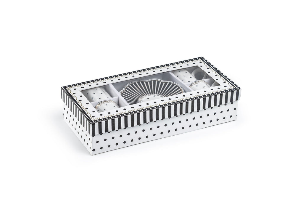 Black Josephine Stripes and Dots 2oz Demitasse Cups and Saucers with Gift Box